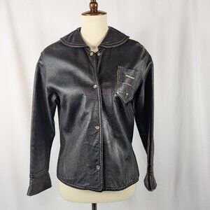Reed Sportswear Vintage Black Leather Jacket Foldover Collar Pearl Snap Buttons